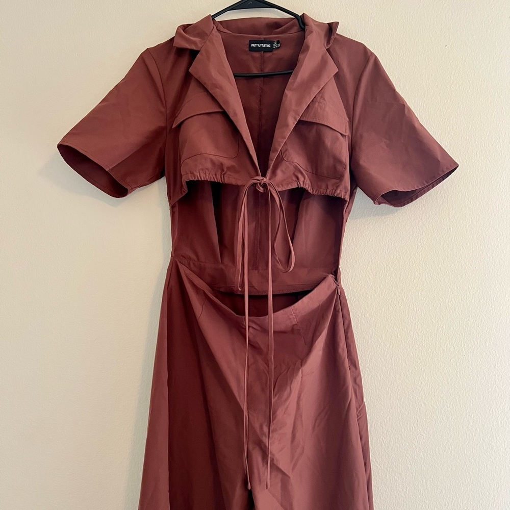 Chocolate short sleeve tie waist jumpsuit - Picture 6 of 9